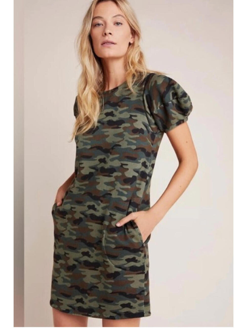 Anthropologie Velvet Graham Spencer camo puff sleeve dress‎ sz XS #3405